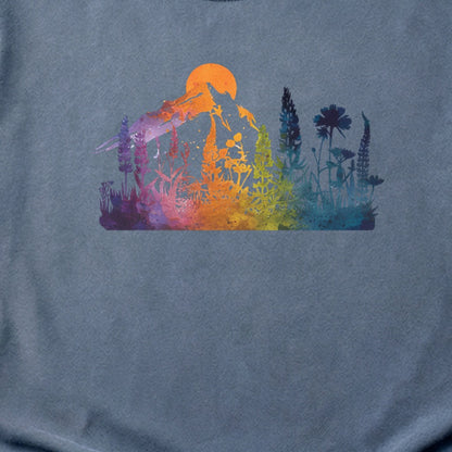 Mountain Wildflowers Sunset Watercolor Cotton T-Shirt