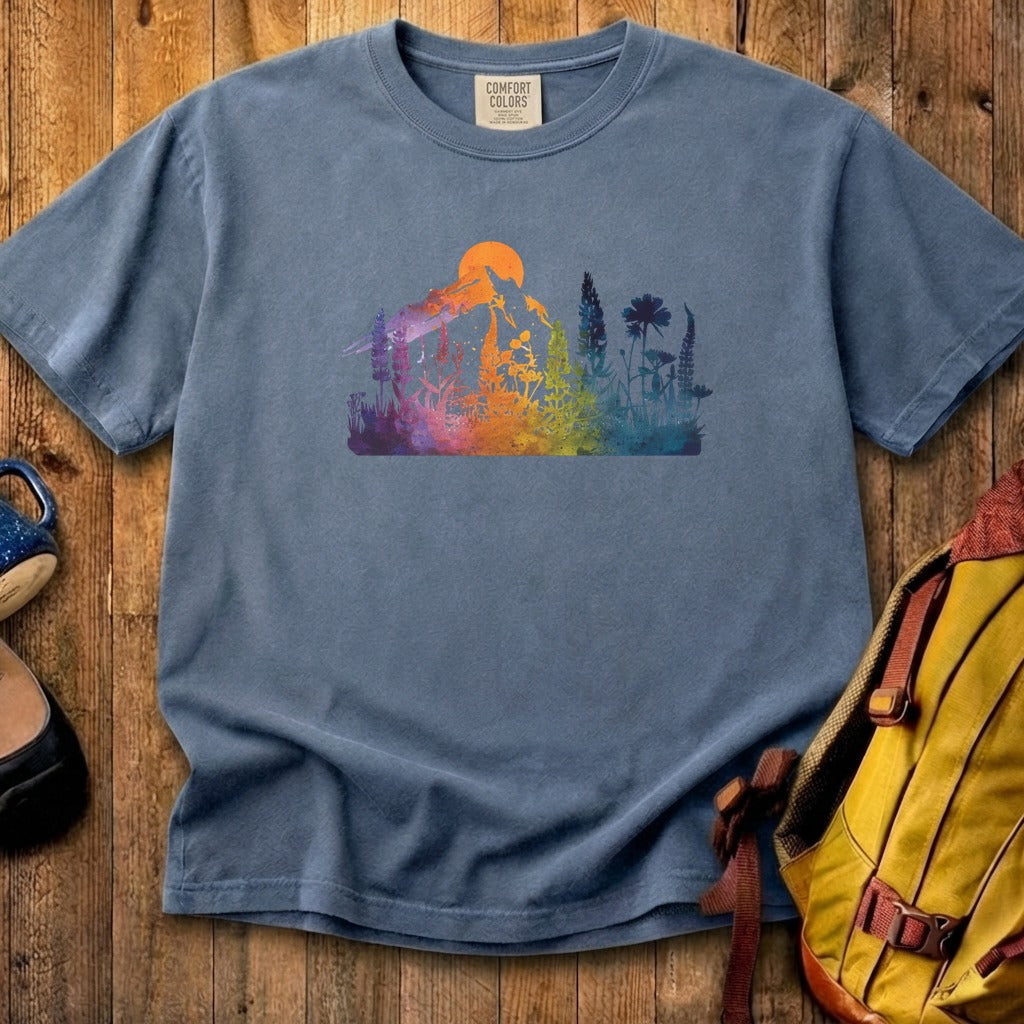 Mountain Wildflowers Sunset Watercolor Cotton T-Shirt