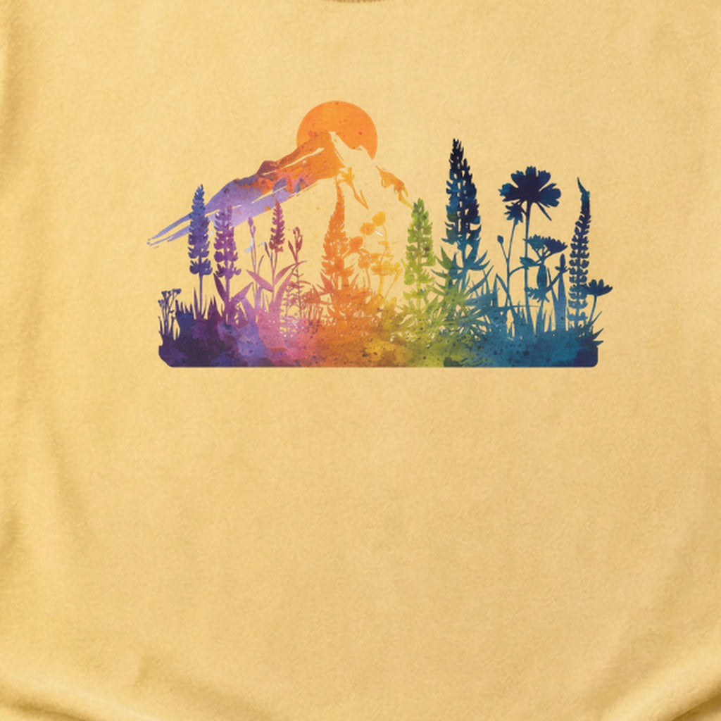 Mountain Wildflowers Sunset Watercolor Cotton T-Shirt