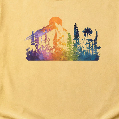 Mountain Wildflowers Sunset Watercolor Cotton T-Shirt