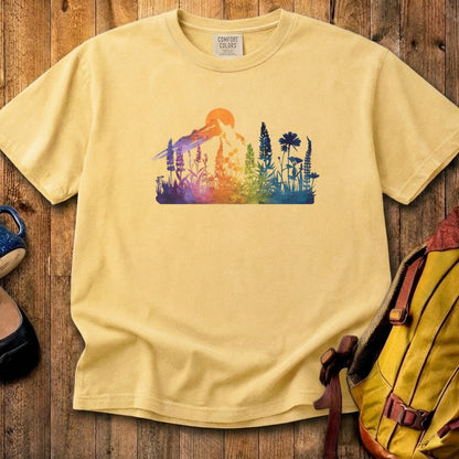 Mountain Wildflowers Sunset Watercolor Cotton T-Shirt