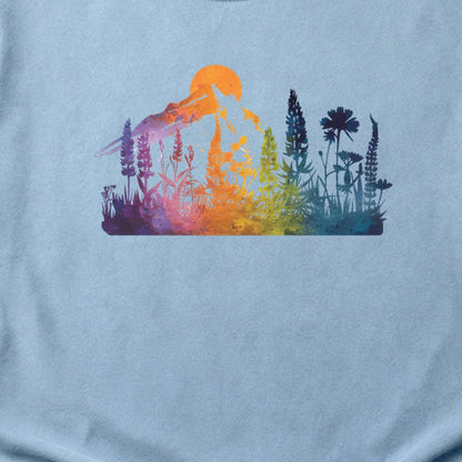 Mountain Wildflowers Sunset Watercolor Cotton T-Shirt
