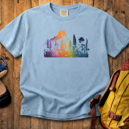 Mountain Wildflowers Sunset Watercolor Cotton T-Shirt