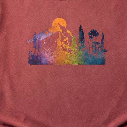 Mountain Wildflowers Sunset Watercolor Cotton T-Shirt