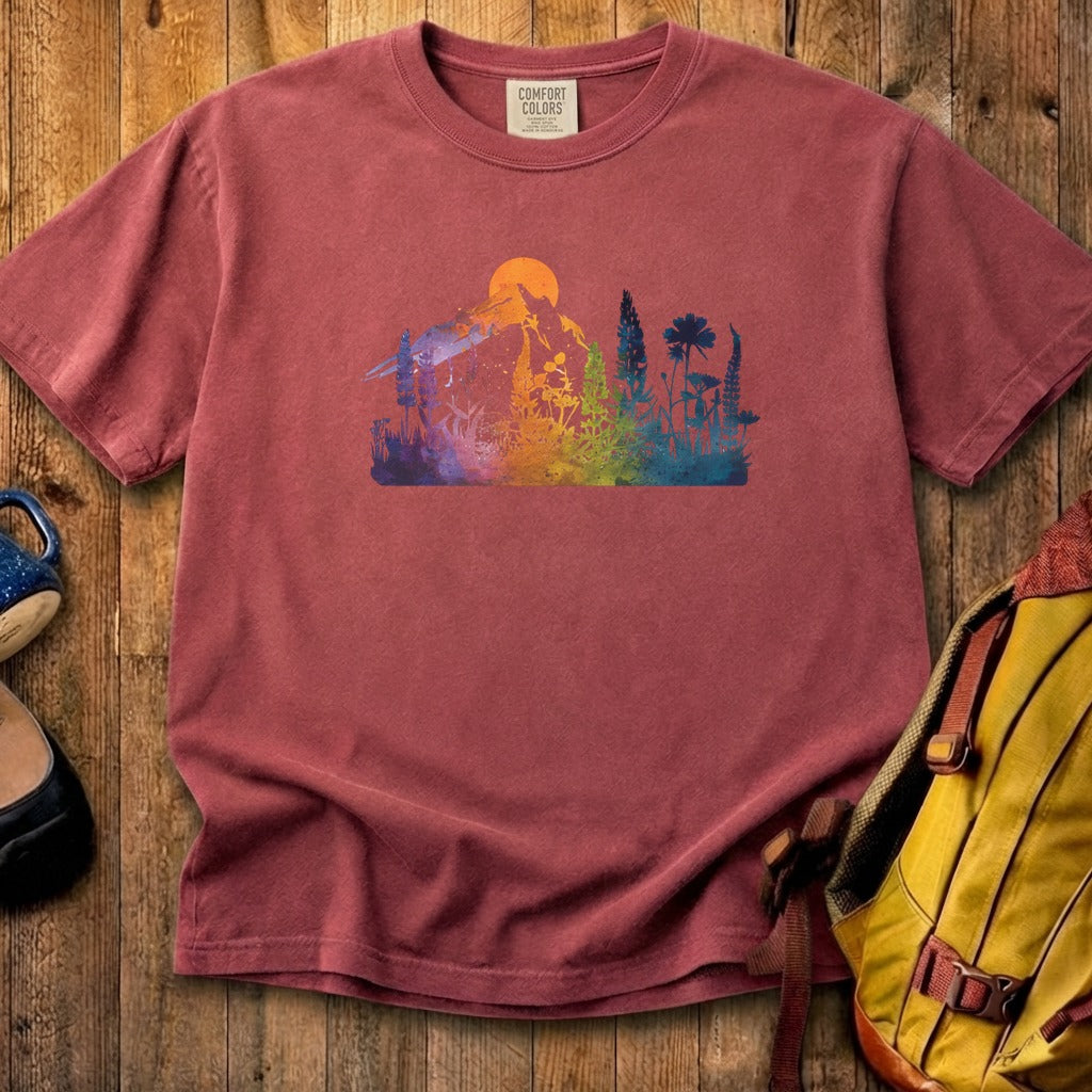 Mountain Wildflowers Sunset Watercolor Cotton T-Shirt