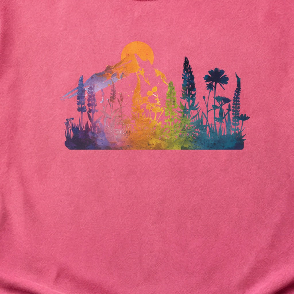 Mountain Wildflowers Sunset Watercolor Cotton T-Shirt