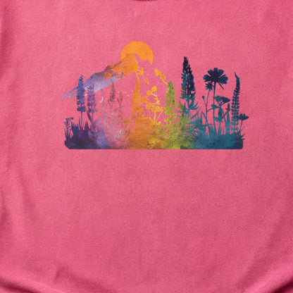 Mountain Wildflowers Sunset Watercolor Cotton T-Shirt