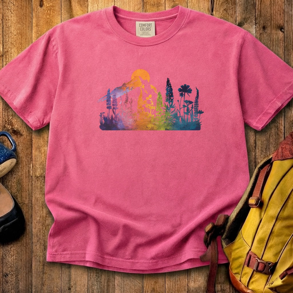 Mountain Wildflowers Sunset Watercolor Cotton T-Shirt