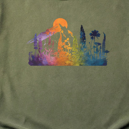 Mountain Wildflowers Sunset Watercolor Cotton T-Shirt