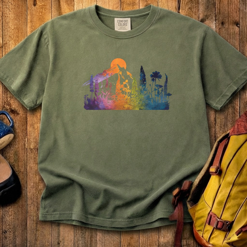 Mountain Wildflowers Sunset Watercolor Cotton T-Shirt
