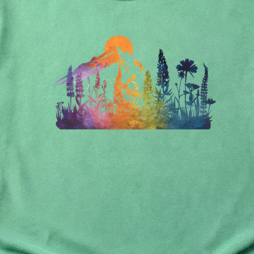 Mountain Wildflowers Sunset Watercolor Cotton T-Shirt