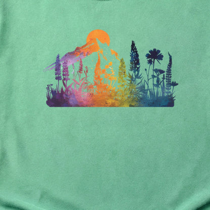 Mountain Wildflowers Sunset Watercolor Cotton T-Shirt