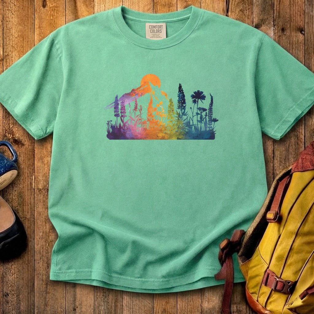 Mountain Wildflowers Sunset Watercolor Cotton T-Shirt