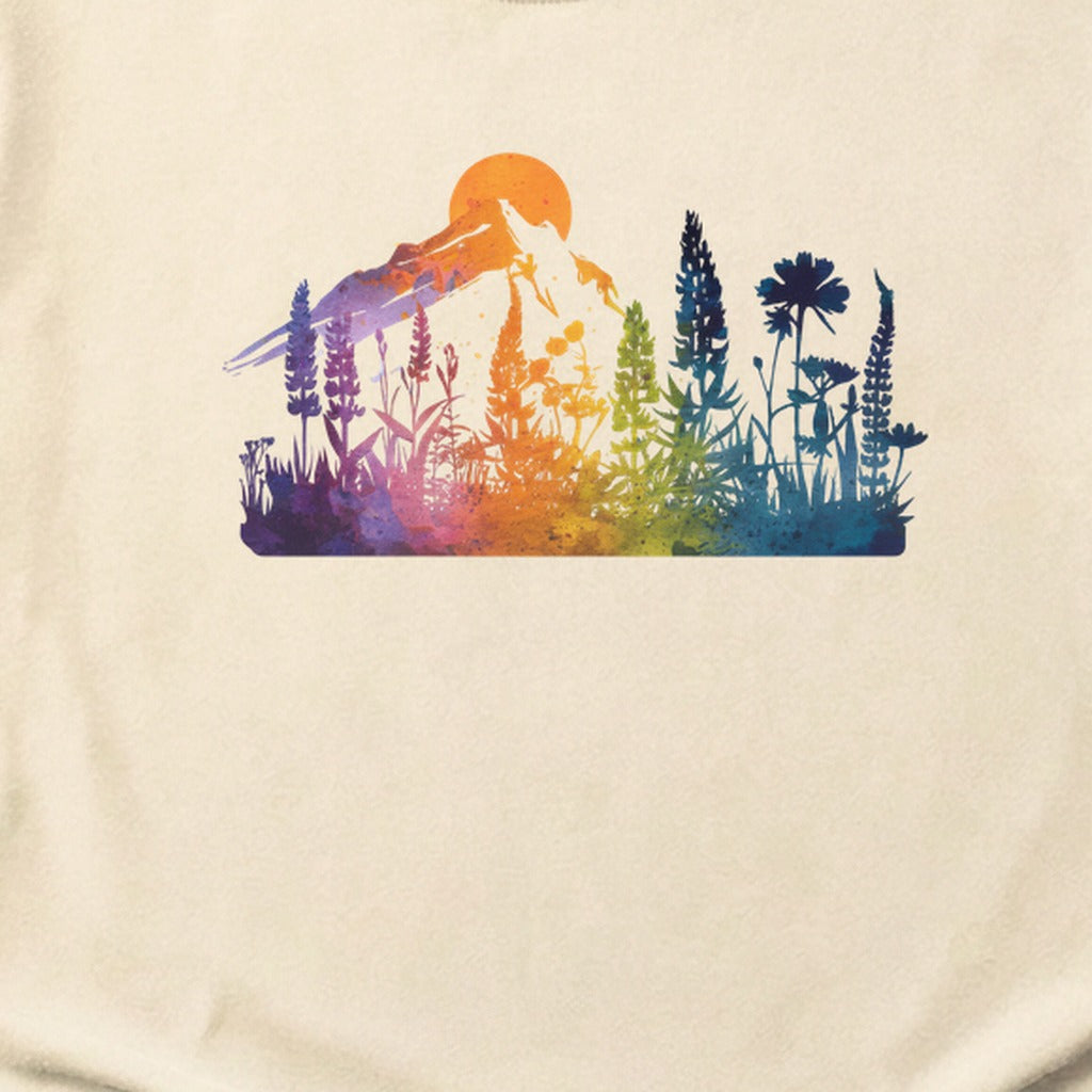 Mountain Wildflowers Sunset Watercolor Cotton T-Shirt