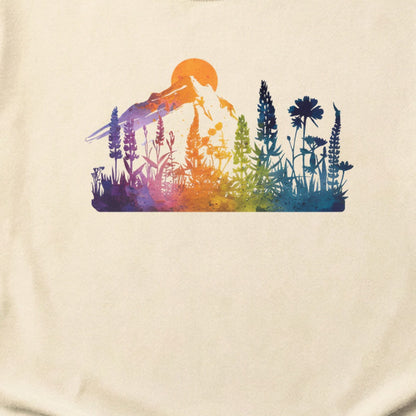 Mountain Wildflowers Sunset Watercolor Cotton T-Shirt