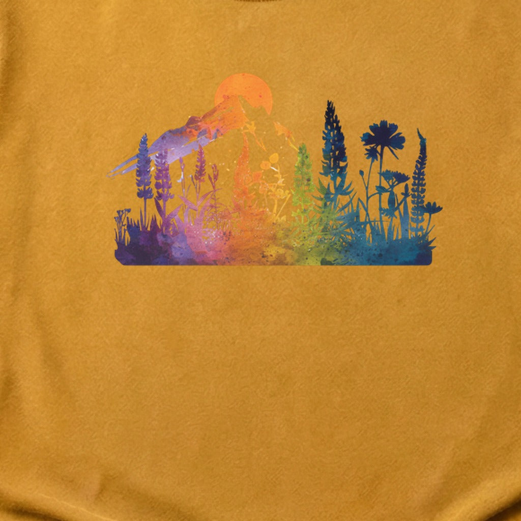 Mountain Wildflowers Sunset Watercolor Cotton T-Shirt