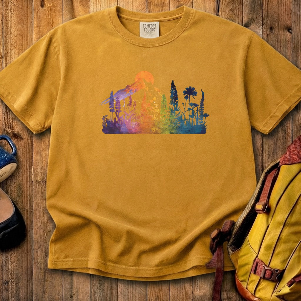 Mountain Wildflowers Sunset Watercolor Cotton T-Shirt