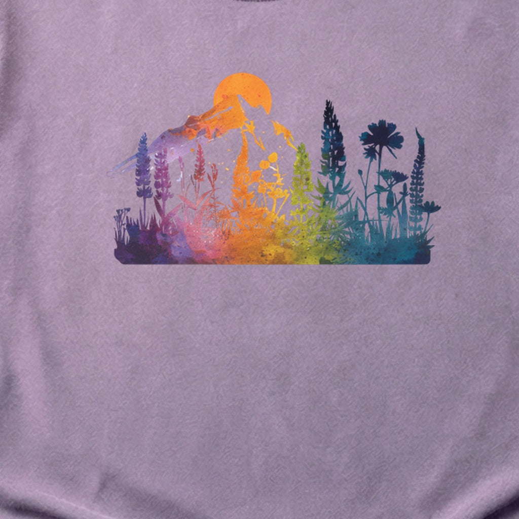 Mountain Wildflowers Sunset Watercolor Cotton T-Shirt