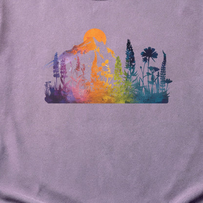 Mountain Wildflowers Sunset Watercolor Cotton T-Shirt