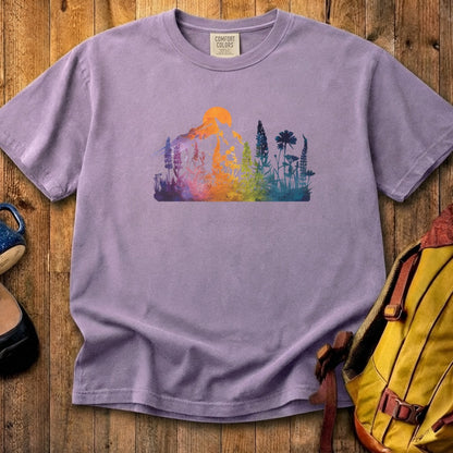 Mountain Wildflowers Sunset Watercolor Cotton T-Shirt
