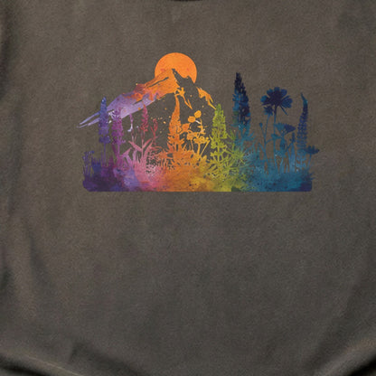 Mountain Wildflowers Sunset Watercolor Cotton T-Shirt
