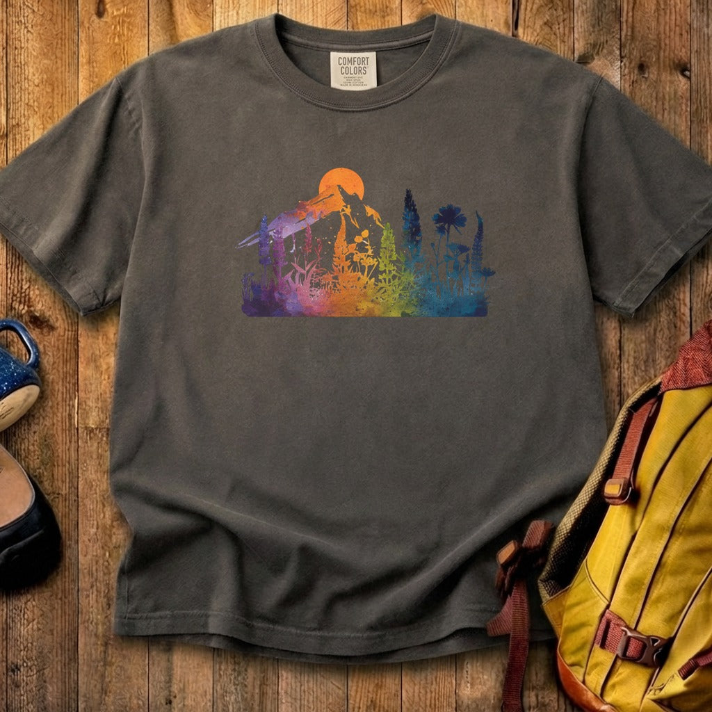 Mountain Wildflowers Sunset Watercolor Cotton T-Shirt