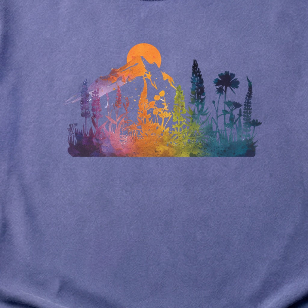 Mountain Wildflowers Sunset Watercolor Cotton T-Shirt