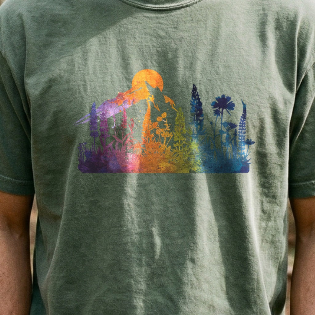 Mountain Wildflowers Sunset Watercolor Cotton T-Shirt