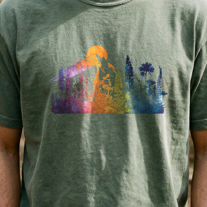 Mountain Wildflowers Sunset Watercolor Cotton T-Shirt