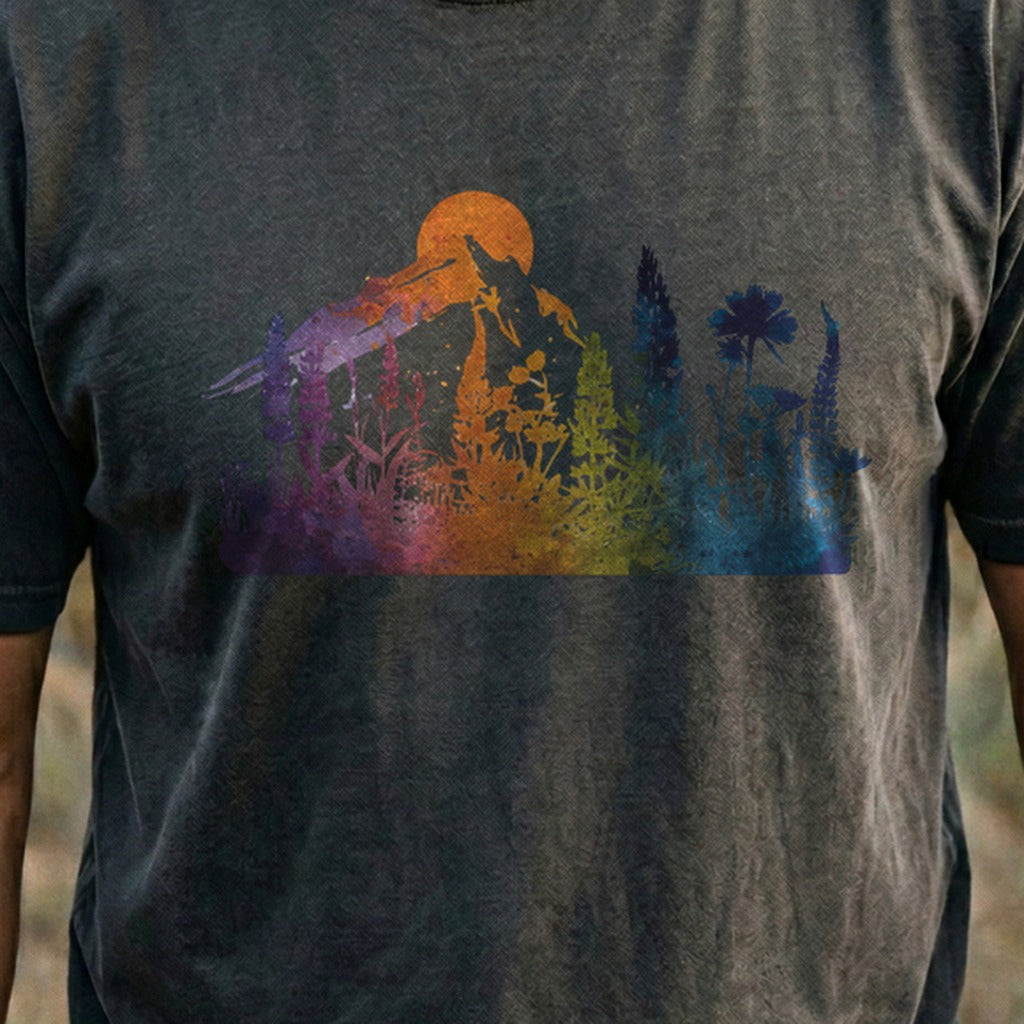 Mountain Wildflowers Sunset Watercolor Cotton T-Shirt