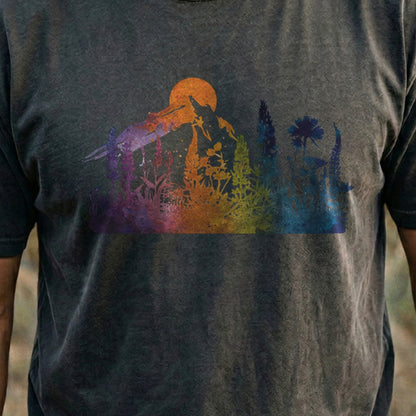 Mountain Wildflowers Sunset Watercolor Cotton T-Shirt