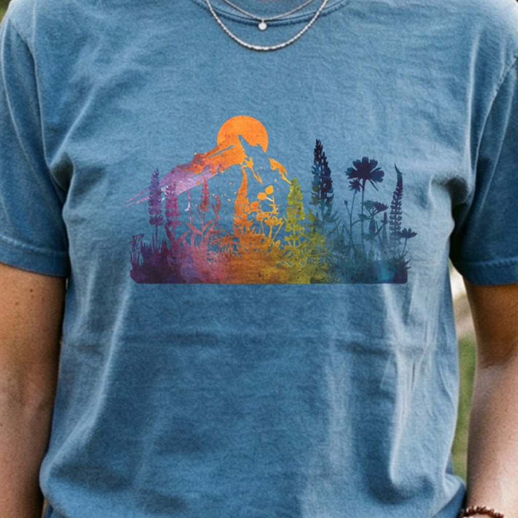 Mountain Wildflowers Sunset Watercolor Cotton T-Shirt