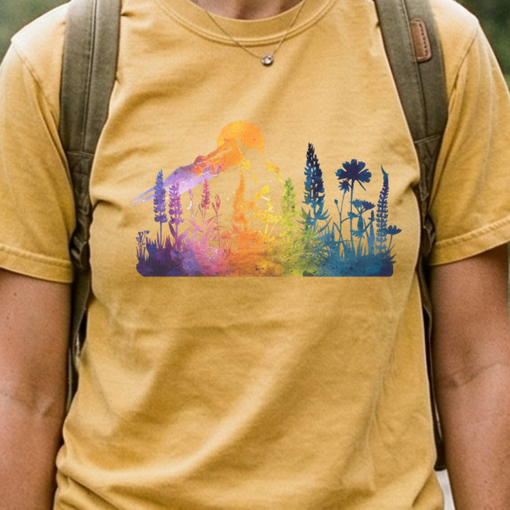 Mountain Wildflowers Sunset Watercolor Cotton T-Shirt