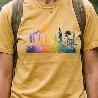 Mountain Wildflowers Sunset Watercolor Cotton T-Shirt