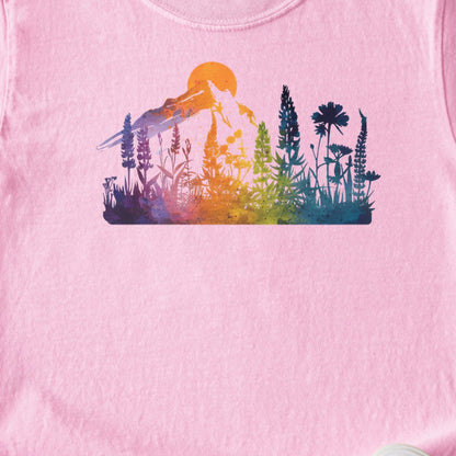 Mountain Wildflowers Sunset Watercolor Kids Cotton T-Shirt