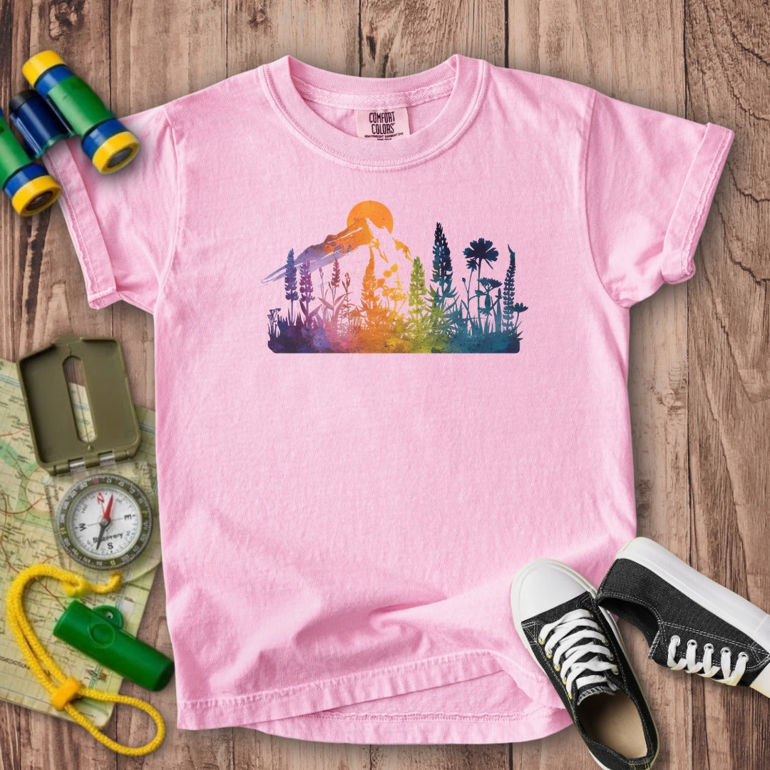 Mountain Wildflowers Sunset Watercolor Kids Cotton T-Shirt