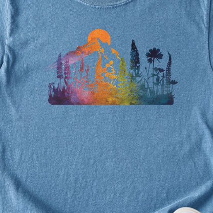 Mountain Wildflowers Sunset Watercolor Kids Cotton T-Shirt