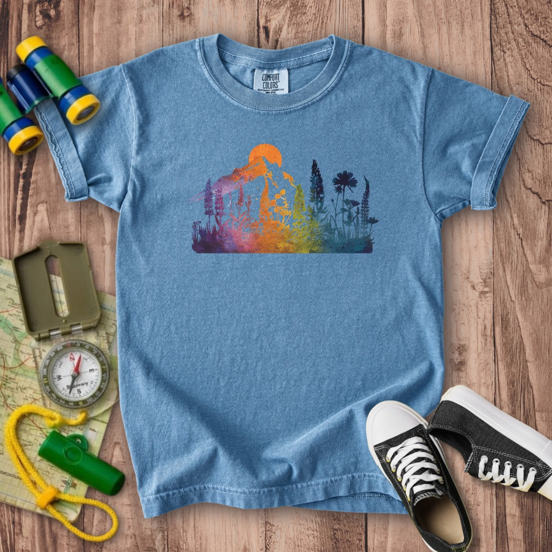 Mountain Wildflowers Sunset Watercolor Kids Cotton T-Shirt