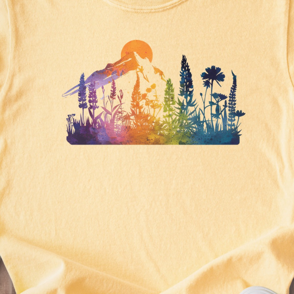 Mountain Wildflowers Sunset Watercolor Kids Cotton T-Shirt
