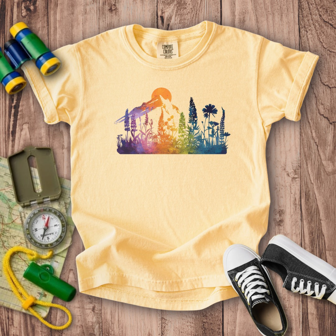 Mountain Wildflowers Sunset Watercolor Kids Cotton T-Shirt