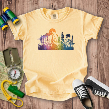 Mountain Wildflowers Sunset Watercolor Kids Cotton T-Shirt