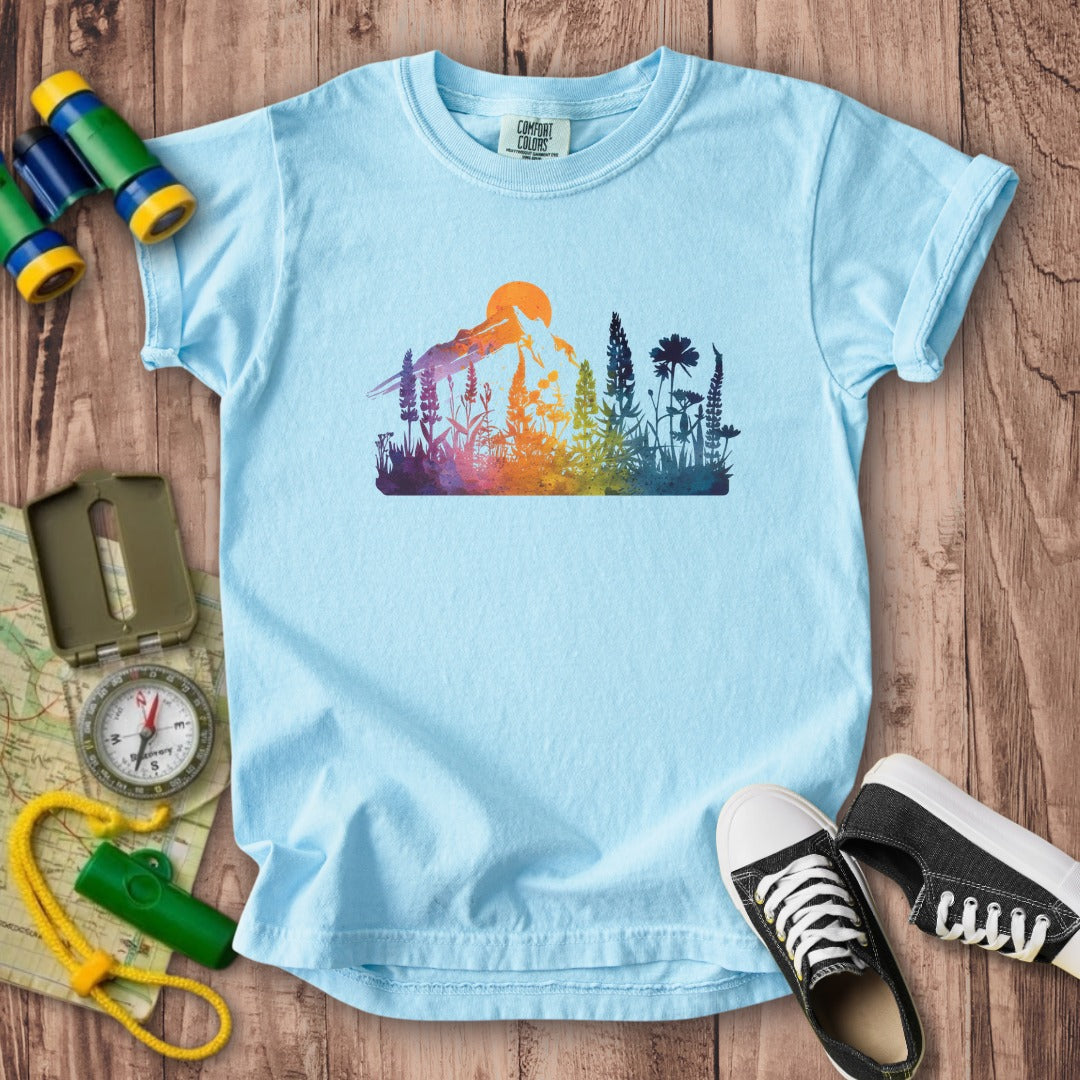 Mountain Wildflowers Sunset Watercolor Kids Cotton T-Shirt