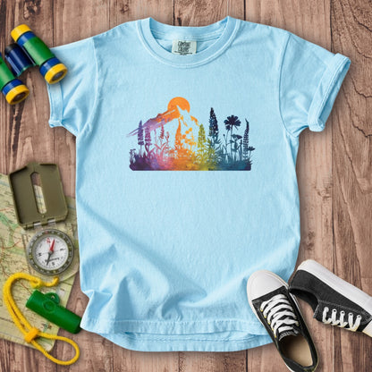 Mountain Wildflowers Sunset Watercolor Kids Cotton T-Shirt