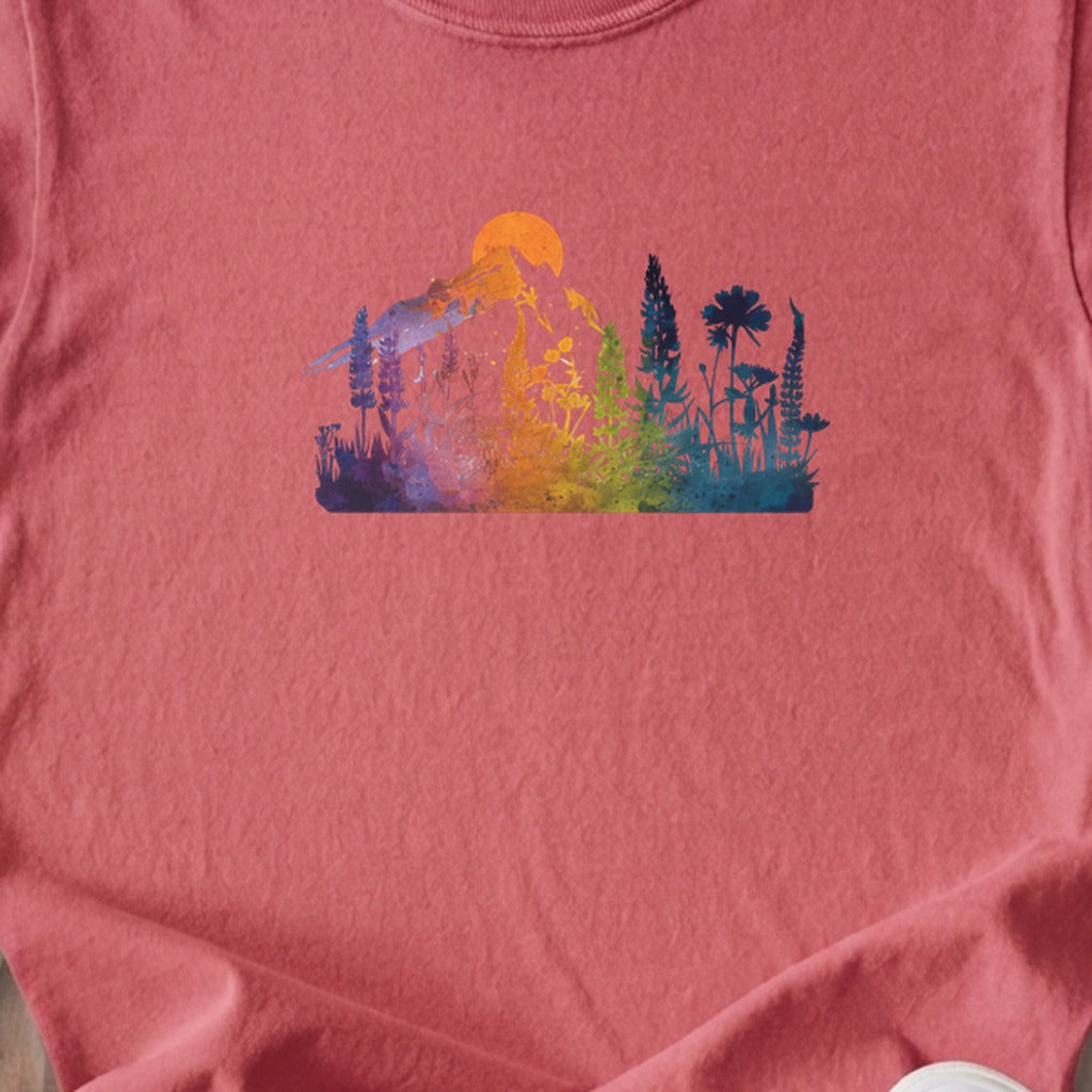 Mountain Wildflowers Sunset Watercolor Kids Cotton T-Shirt