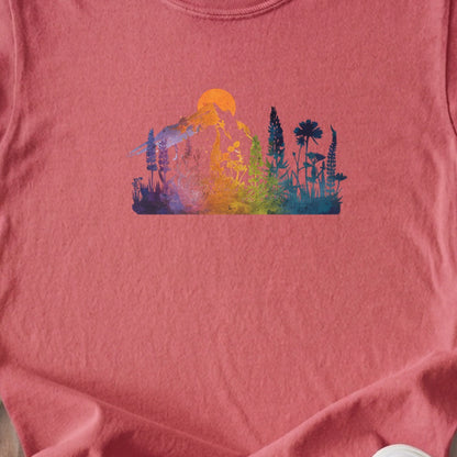Mountain Wildflowers Sunset Watercolor Kids Cotton T-Shirt