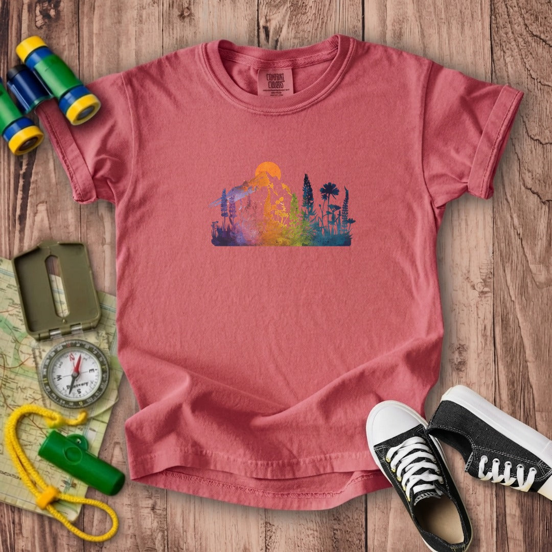 Mountain Wildflowers Sunset Watercolor Kids Cotton T-Shirt