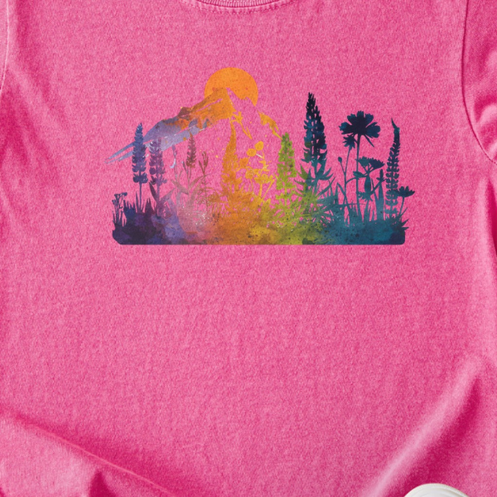 Mountain Wildflowers Sunset Watercolor Kids Cotton T-Shirt