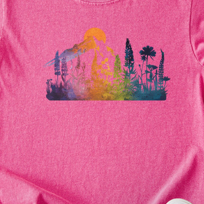Mountain Wildflowers Sunset Watercolor Kids Cotton T-Shirt