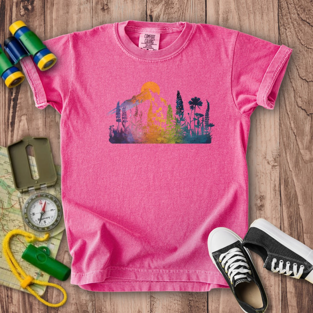 Mountain Wildflowers Sunset Watercolor Kids Cotton T-Shirt