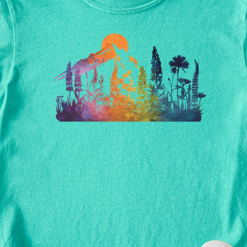 Mountain Wildflowers Sunset Watercolor Kids Cotton T-Shirt